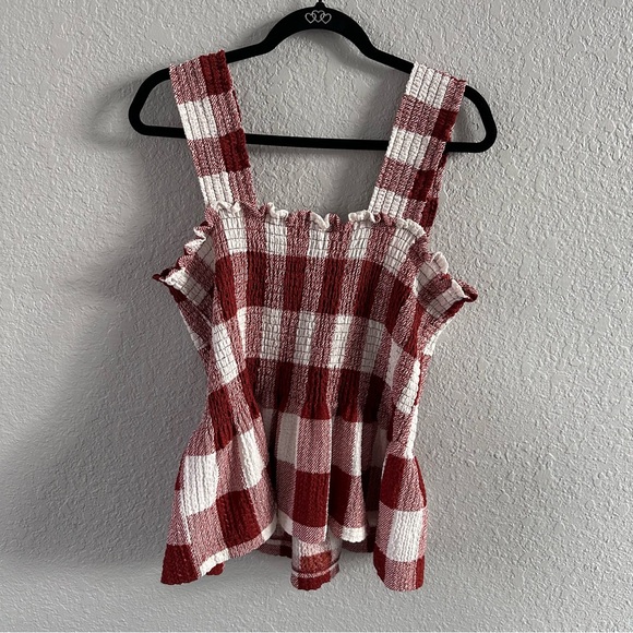 LOFT Burgundy Red & White Gingham Smocked Peplum Tank Top NWT Size L - Picture 5 of 9